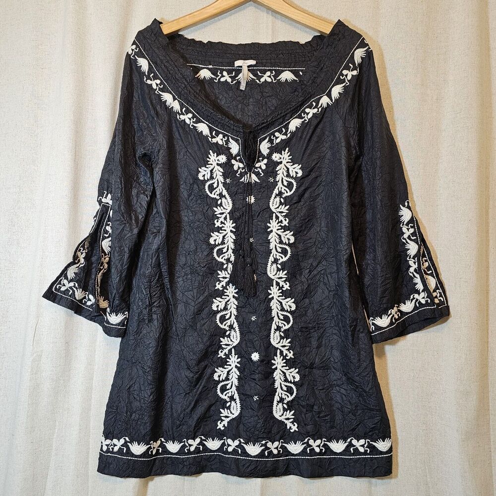 Joie Women's 100% Silk Tunic Dress Black White Embroidery Split Sleeves S *flaw*